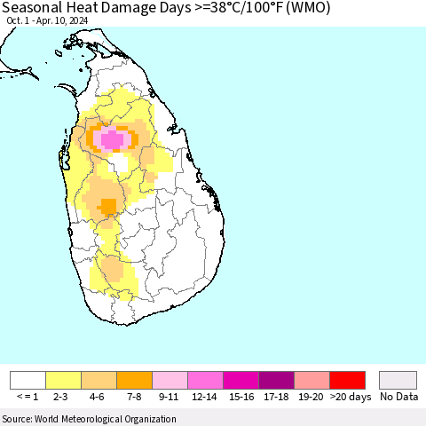 Sri Lanka Seasonal Heat Damage Days >=38°C/100°F (WMO) Thematic Map For 10/1/2023 - 4/10/2024