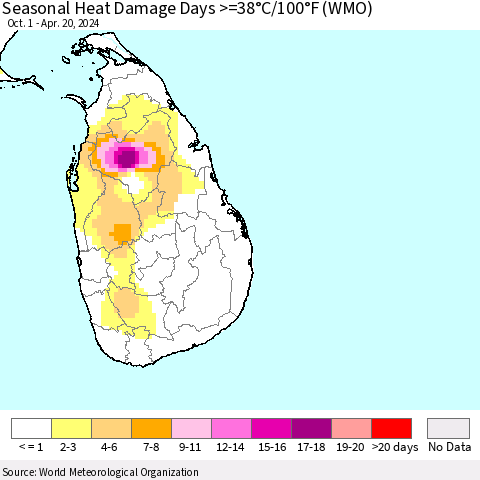 Sri Lanka Seasonal Heat Damage Days >=38°C/100°F (WMO) Thematic Map For 10/1/2023 - 4/20/2024