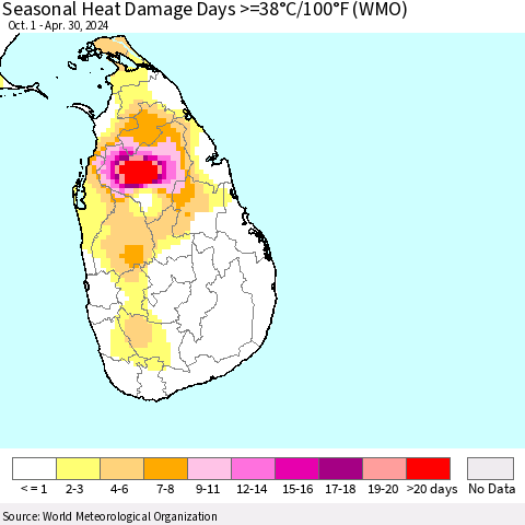 Sri Lanka Seasonal Heat Damage Days >=38°C/100°F (WMO) Thematic Map For 10/1/2023 - 4/30/2024