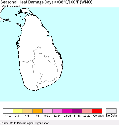 Sri Lanka Seasonal Heat Damage Days >=38°C/100°F (WMO) Thematic Map For 10/1/2023 - 10/10/2023