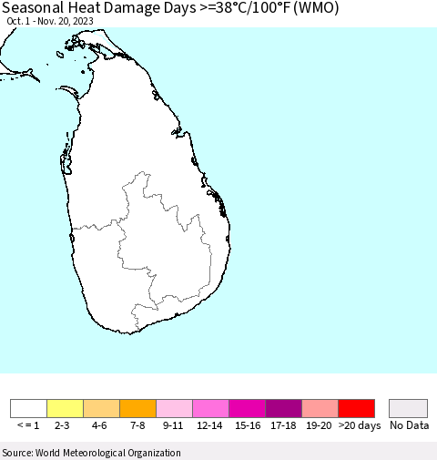 Sri Lanka Seasonal Heat Damage Days >=38°C/100°F (WMO) Thematic Map For 10/1/2023 - 11/20/2023