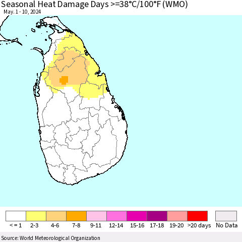 Sri Lanka Seasonal Heat Damage Days >=38°C/100°F (WMO) Thematic Map For 5/1/2024 - 5/10/2024