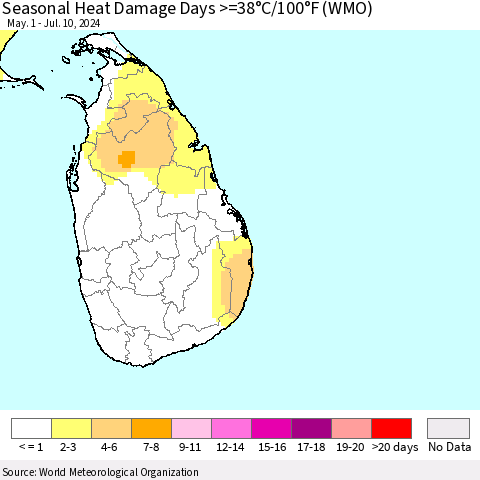 Sri Lanka Seasonal Heat Damage Days >=38°C/100°F (WMO) Thematic Map For 5/1/2024 - 7/10/2024