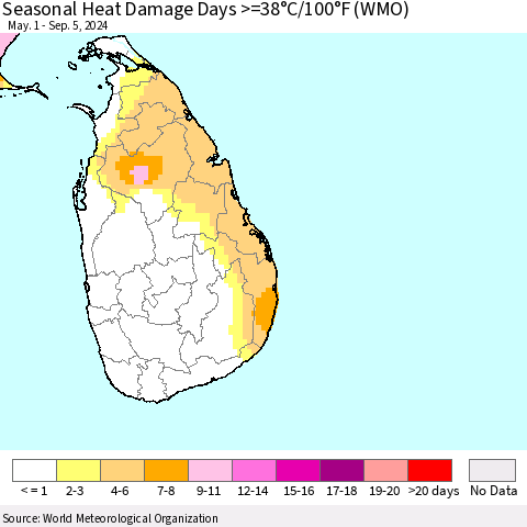 Sri Lanka Seasonal Heat Damage Days >=38°C/100°F (WMO) Thematic Map For 5/1/2024 - 9/5/2024