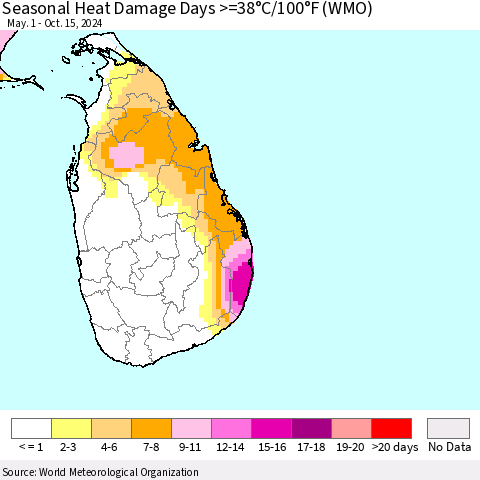 Sri Lanka Seasonal Heat Damage Days >=38°C/100°F (WMO) Thematic Map For 5/1/2024 - 10/15/2024