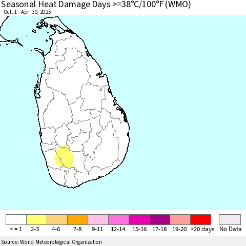 Sri Lanka Seasonal Heat Damage Days >=38°C/100°F (WMO) Thematic Map For 10/1/2024 - 4/30/2025