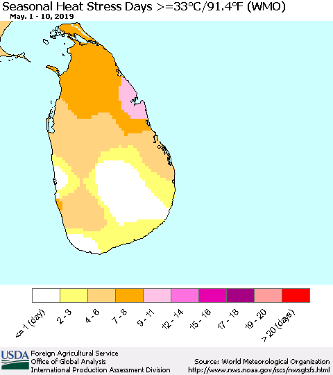 Sri Lanka Seasonal Heat Stress Days >=35°C/95°F (WMO) Thematic Map For 5/1/2019 - 5/10/2019
