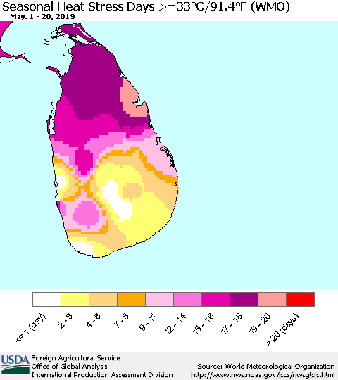 Sri Lanka Seasonal Heat Stress Days >=35°C/95°F (WMO) Thematic Map For 5/1/2019 - 5/20/2019
