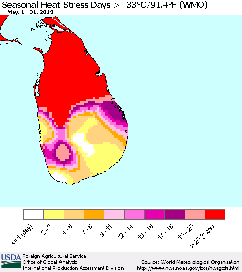 Sri Lanka Seasonal Heat Stress Days >=35°C/95°F (WMO) Thematic Map For 5/1/2019 - 5/31/2019