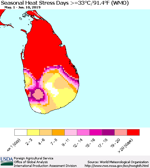 Sri Lanka Seasonal Heat Stress Days >=35°C/95°F (WMO) Thematic Map For 5/1/2019 - 6/10/2019