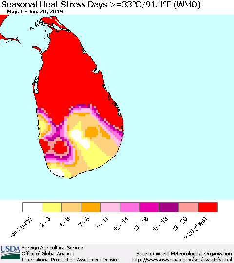 Sri Lanka Seasonal Heat Stress Days >=35°C/95°F (WMO) Thematic Map For 5/1/2019 - 6/20/2019
