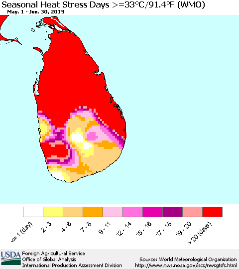 Sri Lanka Seasonal Heat Stress Days >=35°C/95°F (WMO) Thematic Map For 5/1/2019 - 6/30/2019