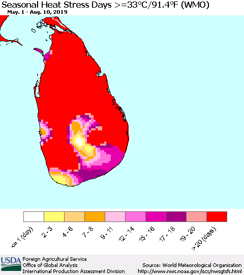 Sri Lanka Seasonal Heat Stress Days >=35°C/95°F (WMO) Thematic Map For 5/1/2019 - 8/10/2019