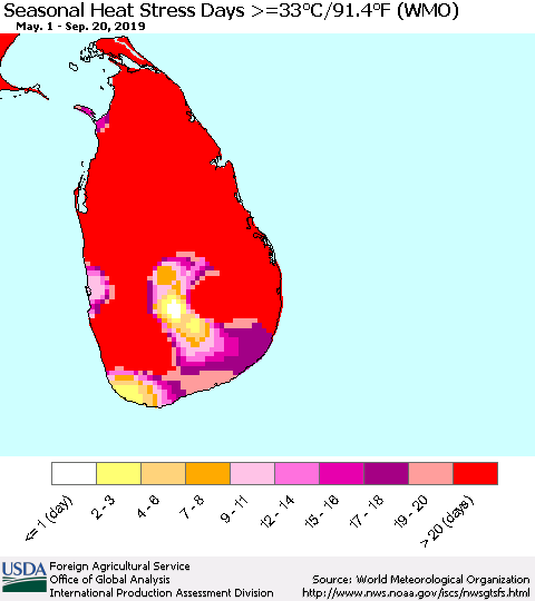 Sri Lanka Seasonal Heat Stress Days >=35°C/95°F (WMO) Thematic Map For 5/1/2019 - 9/20/2019