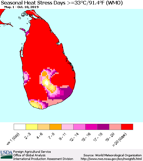 Sri Lanka Seasonal Heat Stress Days >=35°C/95°F (WMO) Thematic Map For 5/1/2019 - 10/10/2019