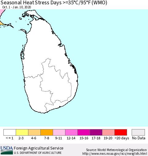 Sri Lanka Seasonal Heat Stress Days >=35°C/95°F (WMO) Thematic Map For 10/1/2019 - 1/10/2020