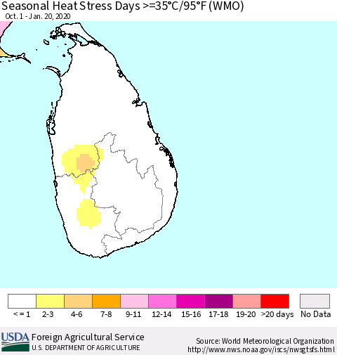 Sri Lanka Seasonal Heat Stress Days >=35°C/95°F (WMO) Thematic Map For 10/1/2019 - 1/20/2020
