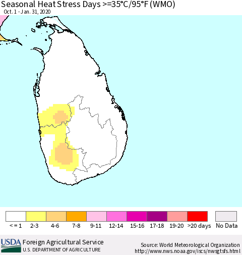 Sri Lanka Seasonal Heat Stress Days >=35°C/95°F (WMO) Thematic Map For 10/1/2019 - 1/31/2020