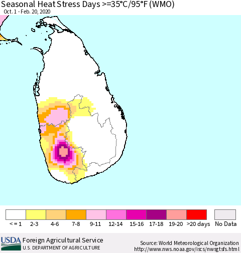 Sri Lanka Seasonal Heat Stress Days >=35°C/95°F (WMO) Thematic Map For 10/1/2019 - 2/20/2020