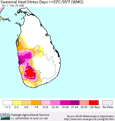 Sri Lanka Seasonal Heat Stress Days >=35°C/95°F (WMO) Thematic Map For 10/1/2019 - 2/29/2020