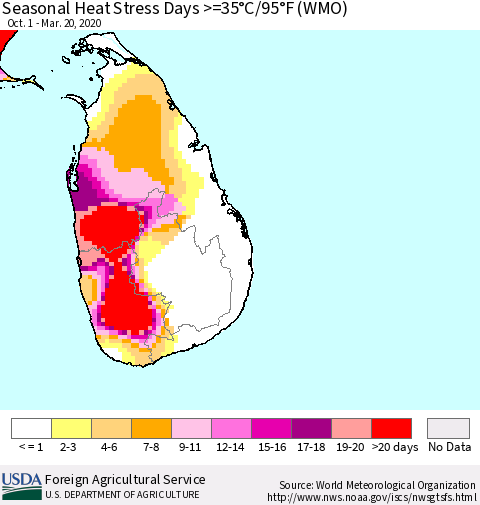 Sri Lanka Seasonal Heat Stress Days >=35°C/95°F (WMO) Thematic Map For 10/1/2019 - 3/20/2020