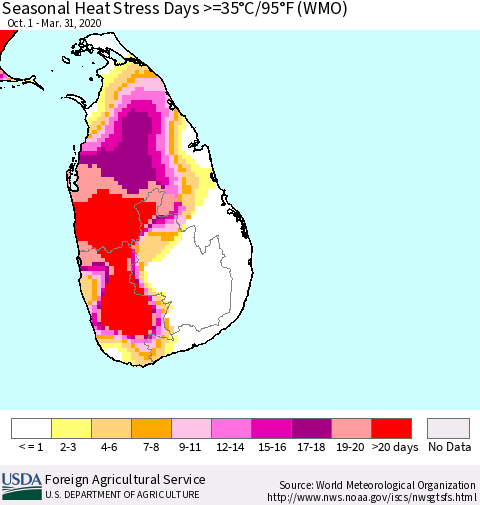 Sri Lanka Seasonal Heat Stress Days >=35°C/95°F (WMO) Thematic Map For 10/1/2019 - 3/31/2020
