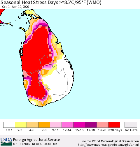 Sri Lanka Seasonal Heat Stress Days >=35°C/95°F (WMO) Thematic Map For 10/1/2019 - 4/10/2020