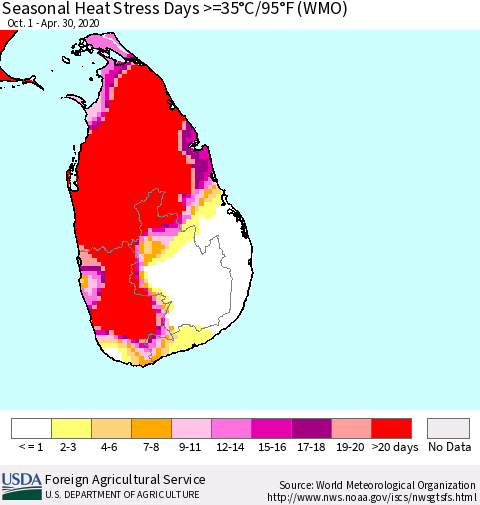 Sri Lanka Seasonal Heat Stress Days >=35°C/95°F (WMO) Thematic Map For 10/1/2019 - 4/30/2020