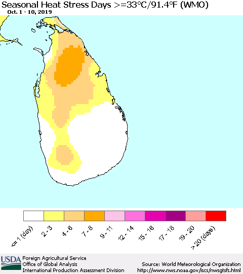Sri Lanka Seasonal Heat Stress Days >=35°C/95°F (WMO) Thematic Map For 10/1/2019 - 10/10/2019