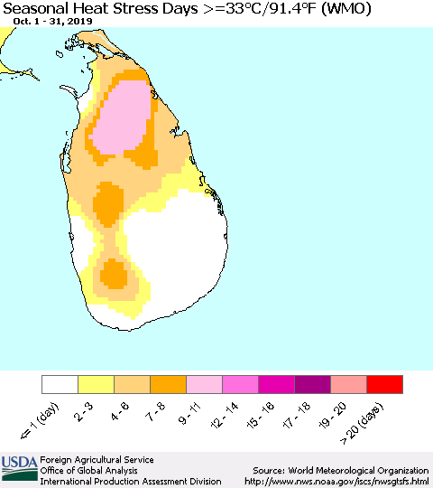 Sri Lanka Seasonal Heat Stress Days >=35°C/95°F (WMO) Thematic Map For 10/1/2019 - 10/31/2019