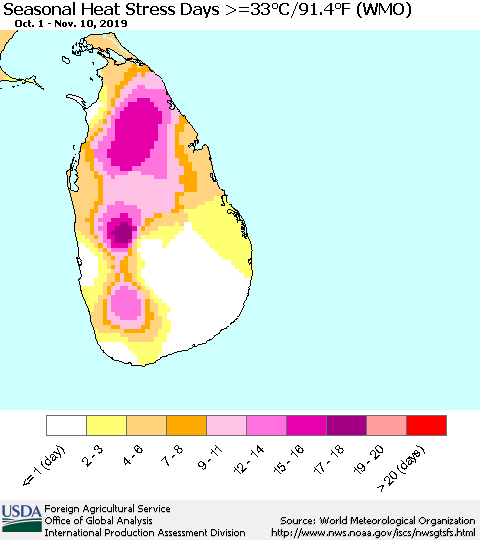 Sri Lanka Seasonal Heat Stress Days >=35°C/95°F (WMO) Thematic Map For 10/1/2019 - 11/10/2019