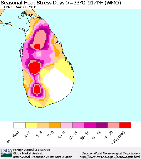 Sri Lanka Seasonal Heat Stress Days >=35°C/95°F (WMO) Thematic Map For 10/1/2019 - 11/30/2019