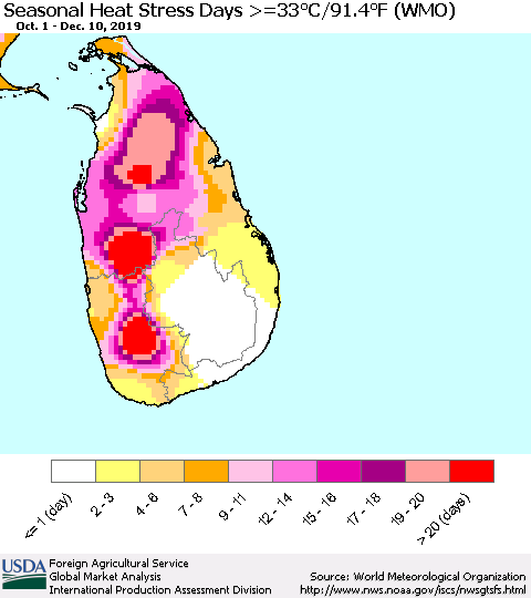 Sri Lanka Seasonal Heat Stress Days >=35°C/95°F (WMO) Thematic Map For 10/1/2019 - 12/10/2019