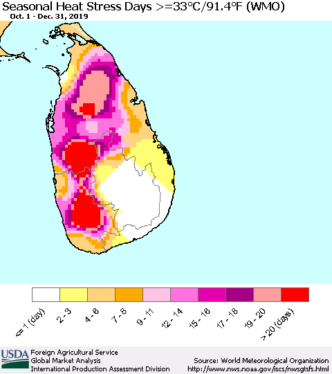 Sri Lanka Seasonal Heat Stress Days >=35°C/95°F (WMO) Thematic Map For 10/1/2019 - 12/31/2019