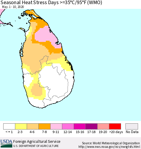 Sri Lanka Seasonal Heat Stress Days >=35°C/95°F (WMO) Thematic Map For 5/1/2020 - 5/10/2020