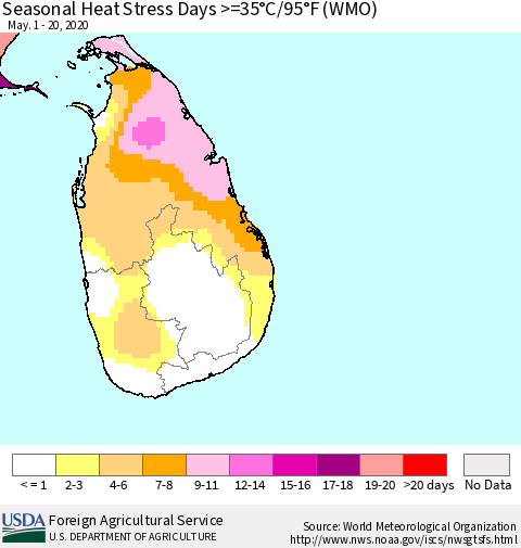 Sri Lanka Seasonal Heat Stress Days >=35°C/95°F (WMO) Thematic Map For 5/1/2020 - 5/20/2020