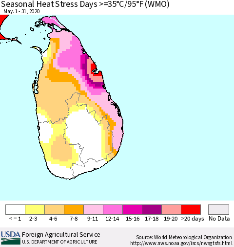 Sri Lanka Seasonal Heat Stress Days >=35°C/95°F (WMO) Thematic Map For 5/1/2020 - 5/31/2020