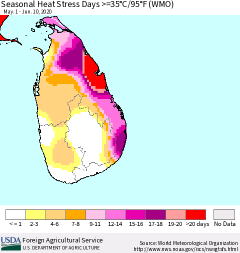 Sri Lanka Seasonal Heat Stress Days >=35°C/95°F (WMO) Thematic Map For 5/1/2020 - 6/10/2020