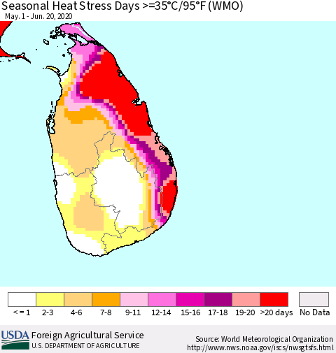 Sri Lanka Seasonal Heat Stress Days >=35°C/95°F (WMO) Thematic Map For 5/1/2020 - 6/20/2020