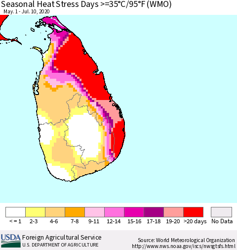 Sri Lanka Seasonal Heat Stress Days >=35°C/95°F (WMO) Thematic Map For 5/1/2020 - 7/10/2020