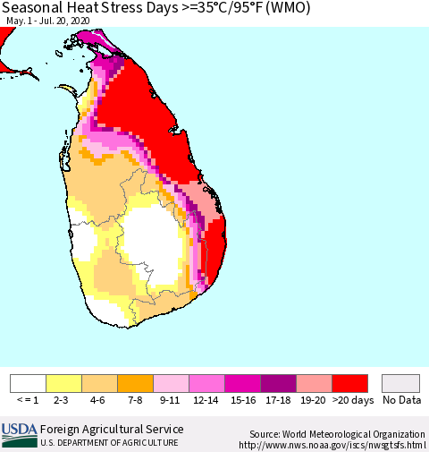 Sri Lanka Seasonal Heat Stress Days >=35°C/95°F (WMO) Thematic Map For 5/1/2020 - 7/20/2020