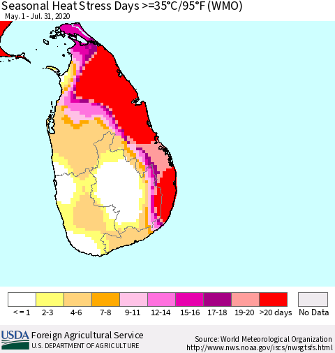 Sri Lanka Seasonal Heat Stress Days >=35°C/95°F (WMO) Thematic Map For 5/1/2020 - 7/31/2020