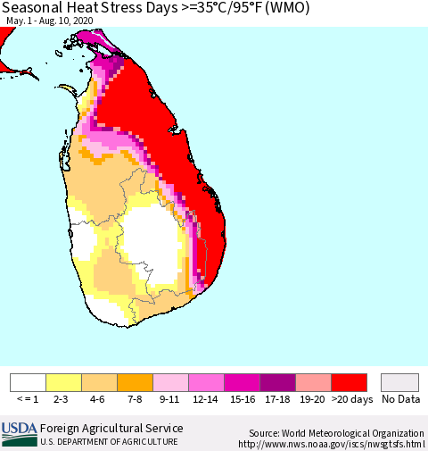 Sri Lanka Seasonal Heat Stress Days >=35°C/95°F (WMO) Thematic Map For 5/1/2020 - 8/10/2020