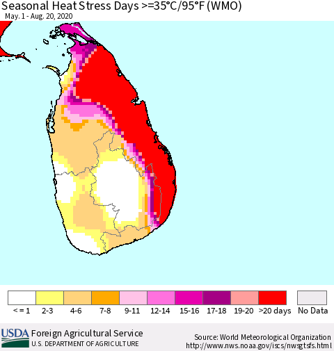 Sri Lanka Seasonal Heat Stress Days >=35°C/95°F (WMO) Thematic Map For 5/1/2020 - 8/20/2020