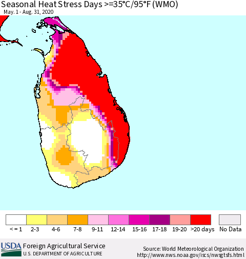 Sri Lanka Seasonal Heat Stress Days >=35°C/95°F (WMO) Thematic Map For 5/1/2020 - 8/31/2020