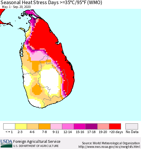 Sri Lanka Seasonal Heat Stress Days >=35°C/95°F (WMO) Thematic Map For 5/1/2020 - 9/20/2020