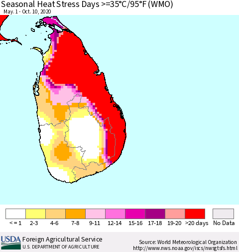 Sri Lanka Seasonal Heat Stress Days >=35°C/95°F (WMO) Thematic Map For 5/1/2020 - 10/10/2020