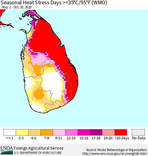 Sri Lanka Seasonal Heat Stress Days >=35°C/95°F (WMO) Thematic Map For 5/1/2020 - 10/20/2020