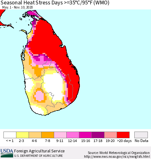 Sri Lanka Seasonal Heat Stress Days >=35°C/95°F (WMO) Thematic Map For 5/1/2020 - 11/10/2020