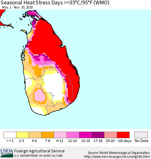 Sri Lanka Seasonal Heat Stress Days >=35°C/95°F (WMO) Thematic Map For 5/1/2020 - 11/30/2020